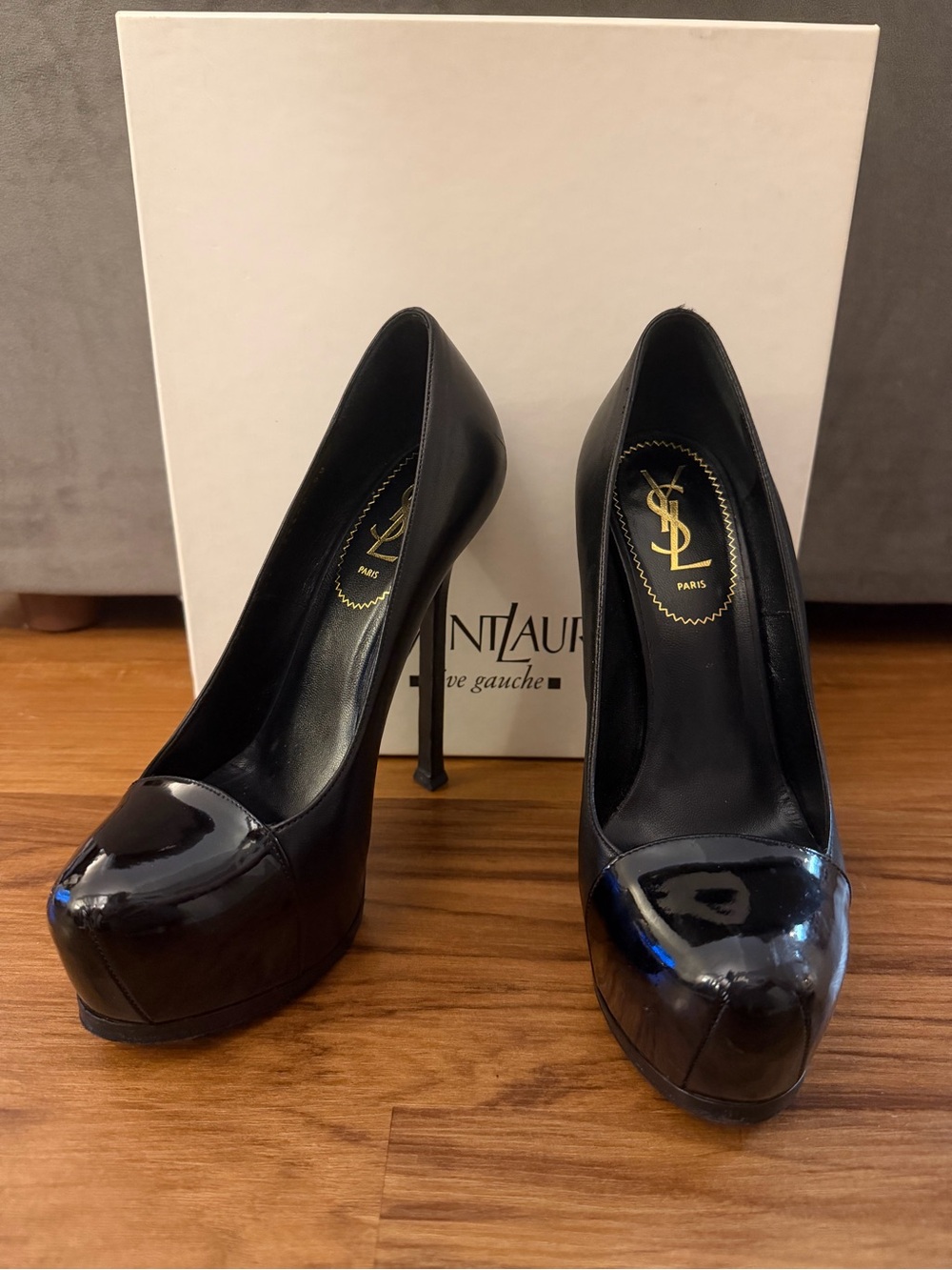 YSL Saint Laurent Black Tribtoo Leather Cap Toe Platform Stiletto Pumps - Picture 1 of 10